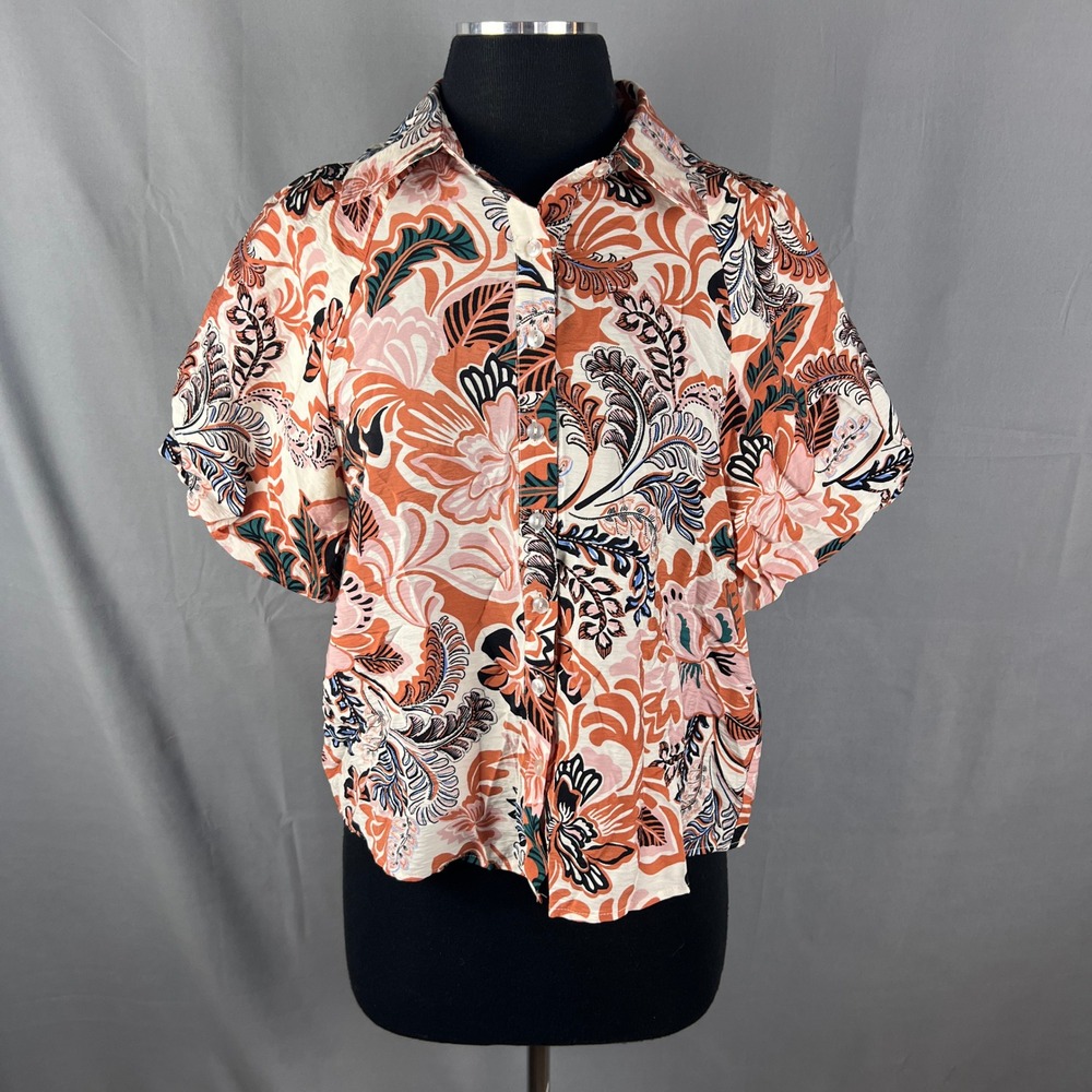 Hope & Harlow Blouse Top Womens Small Multicolor Floral Rayon Stretch Button Up